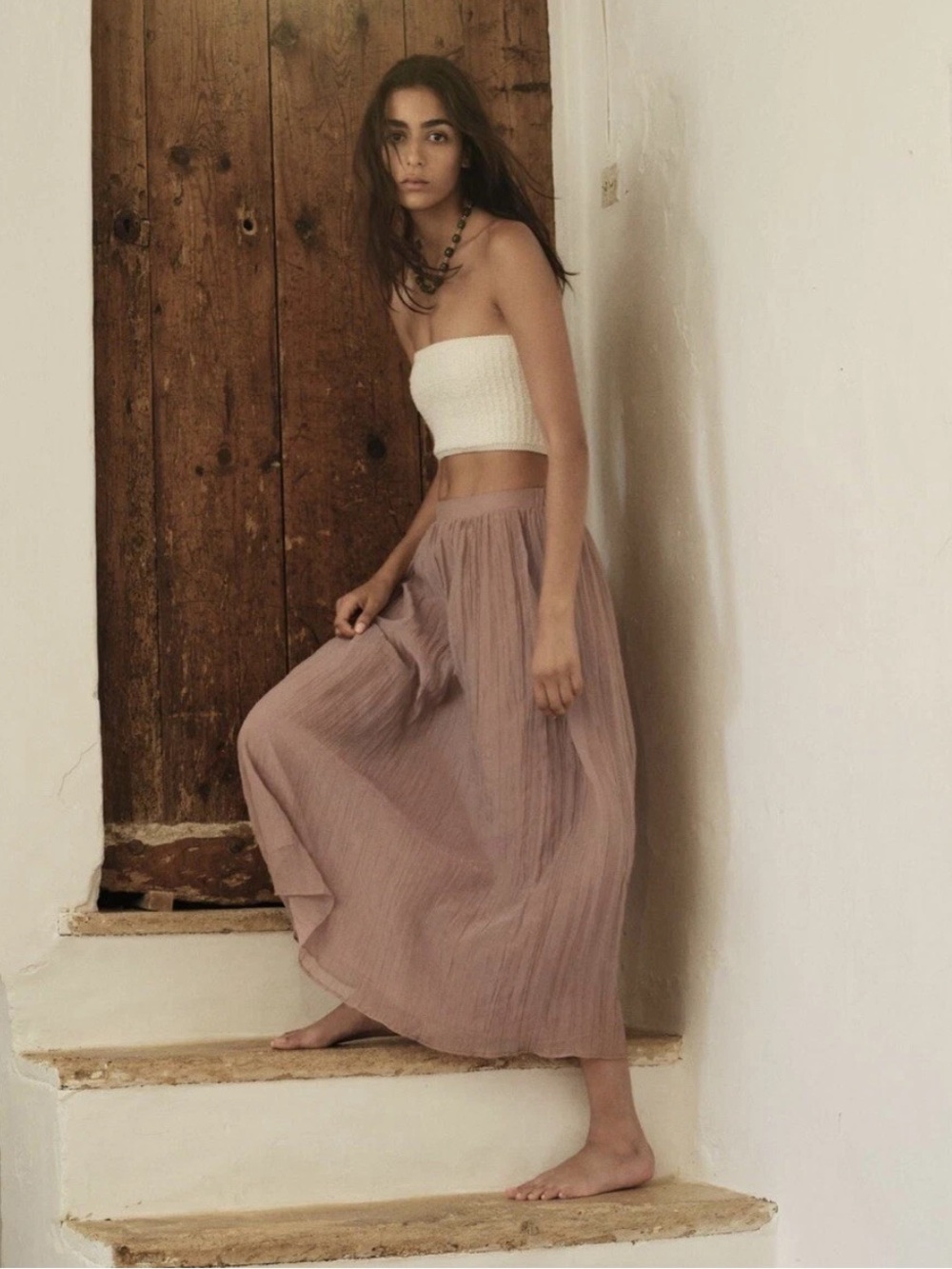 New ZARA blush Wrinkled Effect Elastic Waist Midi Skirt